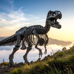 Dinosaur skeleton on mountaintop at sunset