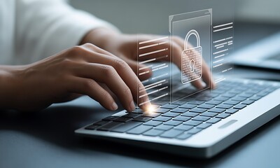 Hands typing on laptop with digital padlock icon overlay, ideal for illustrating cybersecurity, secure login processes, and online data protection concepts