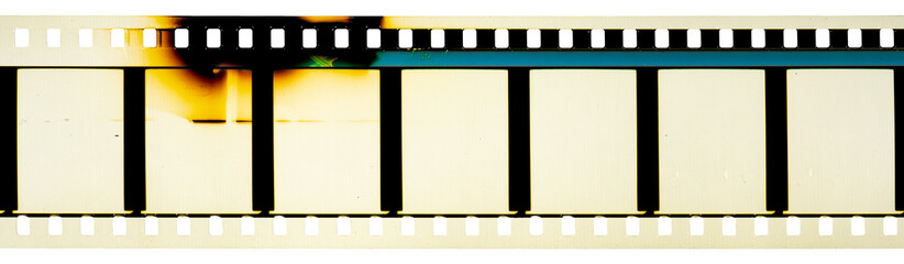 35 mm filmstrip with analog film burn effect, film noise texture and background, old film frame from analog retro film roll, photo texture with grain and scratches for vintage effect with damaged film
