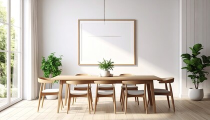 Bright, minimalist dining room with large empty frame