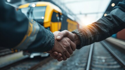 Fototapeta premium Hands of Two Individuals Shaking near a Train in a Train Station Setting