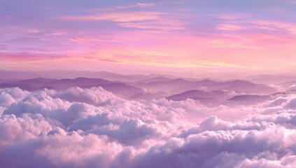 Obraz premium Panoramic view of a mountain range at sunrise, above fluffy clouds. Soft pastel colors