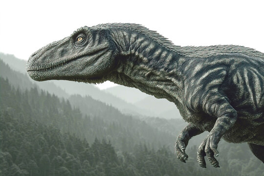 Afrovenator explores a mountainous landscape with prehistoric forests in the background