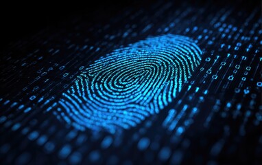 A glowing blue fingerprint overlayed on a dark background of binary code