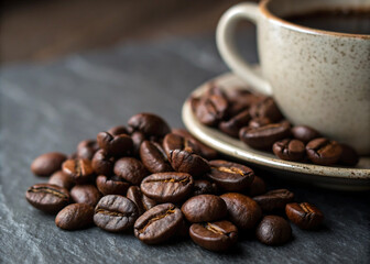 Dark Brown Coffee Beans & Cup Backdrop Premium Coffee Background for Cafe & Marketing