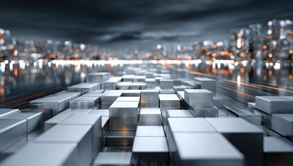 Metallic cubes pave a futuristic city road