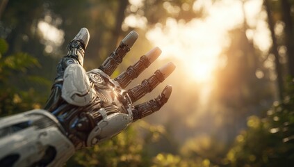 Mech hand reaching for sunlight in a forest