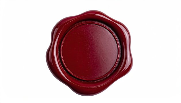 Close-up of a deep burgundy wax seal.  A smooth, circular seal with a slightly raised edge