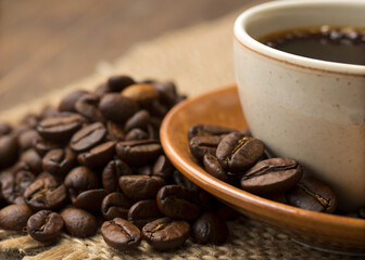 Dark Brown Coffee Beans & Cup Backdrop Premium Coffee Background for Cafe & Marketing