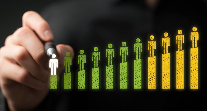 Hand drawing a chart of people climbing steps, representing career progression