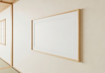 Minimalist Interior Design A Blank Picture Frame on a Cream-Colored Wall in a Modern Japanese-Inspired Room