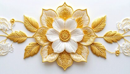 Ornate gold and white flower design on white background