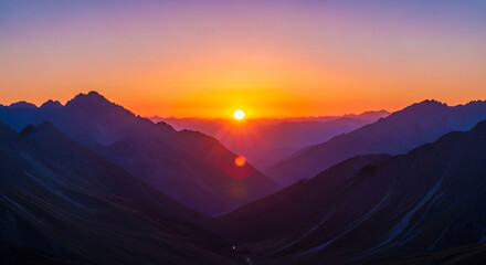 Golden sun descends over majestic mountain ranges, painting the sky with vibrant hues of orange, purple, and pink