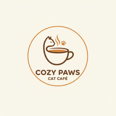 A minimalist vector logo for a cozy cat café, featuring a stylized cat silhouette and a coffee cup
