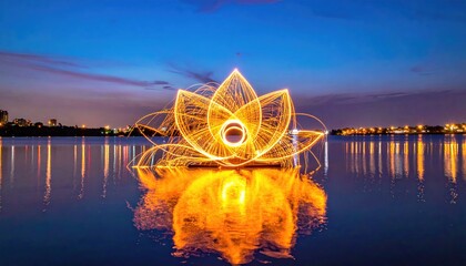 Golden lotus light art on a lake at twilight