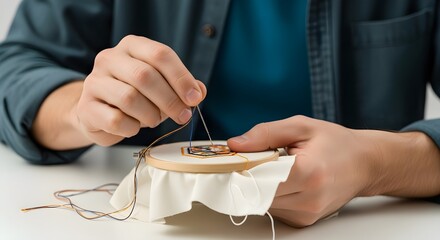close up hands embroidering fabric hoop with needlework