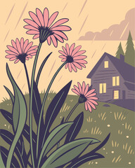vector illustration of a house with flowers on the background of the nature