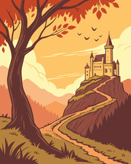 Castle on the hill. Vector illustration in a flat style.