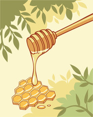 Honey dripping from a wooden honey dipper. Vector illustration.