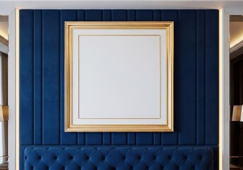 Elegant golden frame on a deep blue tufted velvet wall, providing a sophisticated blank canvas for art or text in a luxurious interior design setting