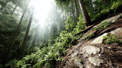 Lifelike digital rendering of a tranquil forest scene with soft sunlight filtering through dense foliage, intricate moss, and ferns curling around ancient tree trunks in a peaceful, natural setting w