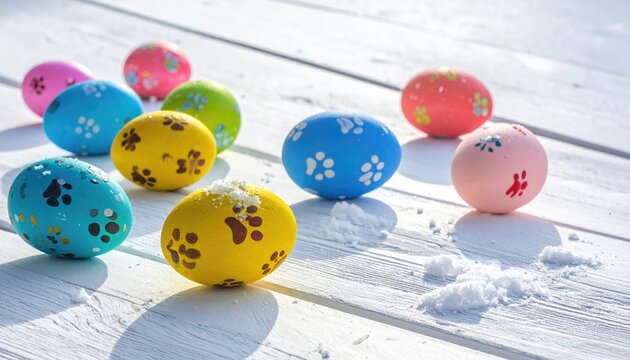 Colorful Easter eggs with paw prints on a white wooden surface, some dusted with snow