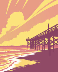 Wooden pier on the sea at sunset. Vector illustration in retro style