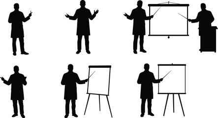 A set of male lecturer and professor silhouettes giving presentations, a graphic illustration of education, business and science.
