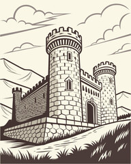 Castle in the mountains. Vector illustration in black and white colors