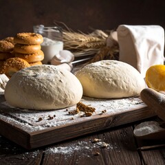 Dough, ingredients, and tools on a rustic table