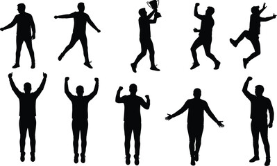 A set of excited and cheering men celebrating victory and success, a graphic illustration of joy and winning.