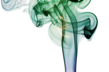 Abstract swirling green and blue smoke wisps isolated on transparent background