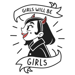 Vector illustration of a girl in a vampire costume with a banner.