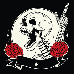 Skull with a guitar and roses on a black background. Vector illustration