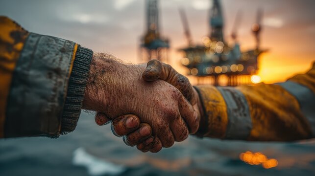 Two Workers Shaking Hands at an Offshore Oil Rig During Sunset