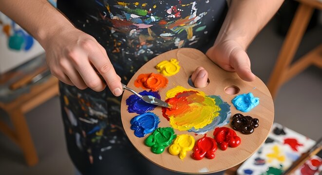 artist mixing colorful paints on wooden palette