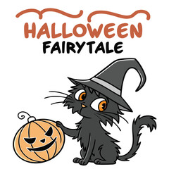 Halloween card with black cat in witch hat and pumpkin. Vector illustration.