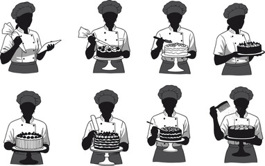 Female chef decorating a cake with frosting and fruit, a collection of hand-drawn illustrations and bakery concepts.