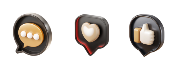 3D Social Media Icon Set PNG. Chat Heart Like Symbols Isolated on Transparent Background