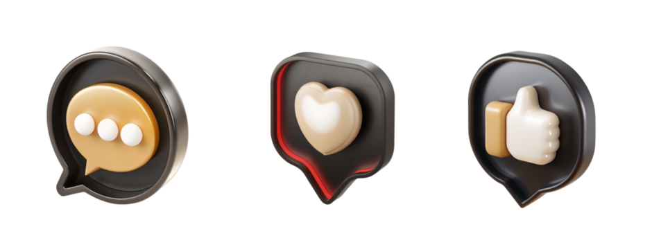 3D Social Media Icon Set PNG. Chat Heart Like Symbols Isolated on Transparent Background