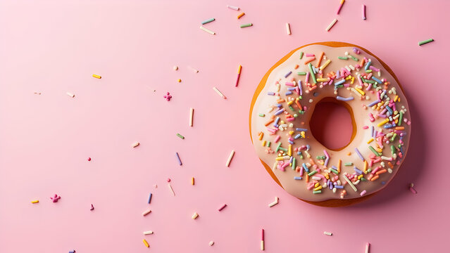 A top-down flat lay of a single donut with white icing and colorful sprinkles, on a solid pink background with copy space.