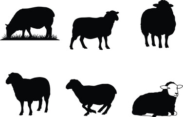 Sheep silhouette vector collection, grazing sheep artwork, wool farm animal illustration, livestock design, black sheep drawings, domestic pasture sheep graphicsSheep silhouette vector collection,