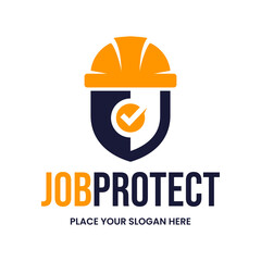 Job protect logo combining a safety helmet and a shield with a check mark. Ideal for worker insurance, construction safety programs, or employment security firms.