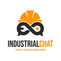 Industrial chat logo featuring a safety helmet with a communication bubble. Perfect for engineering forums, construction company apps, or worker support platforms. Modern & relevant.