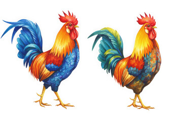 Fototapeta premium Two vibrant roosters with colorful feathers on black background