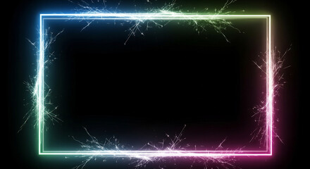 Obraz premium Dynamic neon light frame with vibrant sparklers erupting outwards on a dark background creating a festive celebratory atmosphere for events and designs