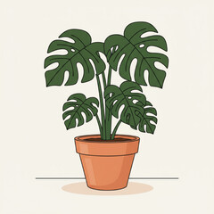 A series of vector illustrations of popular houseplants (monstera, snake plant, fiddle leaf fig) in minimalist terracotta pots