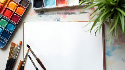 A top-down flatlay shows an artist's workspace with a blank white sketchbook page, a colorful watercolor palette, various paintbrushes, and a small green potted plant on a white surface.