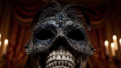 Skull mask displayed with intricate designs and bold embellishments. Dark, luxurious setting illuminated by candlelight. Concept of event decor, theatrical productions, costume design