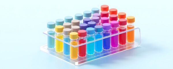 A vibrant display of colorful test tubes arranged neatly in a rack, symbolizing scientific experimentation and discovery.